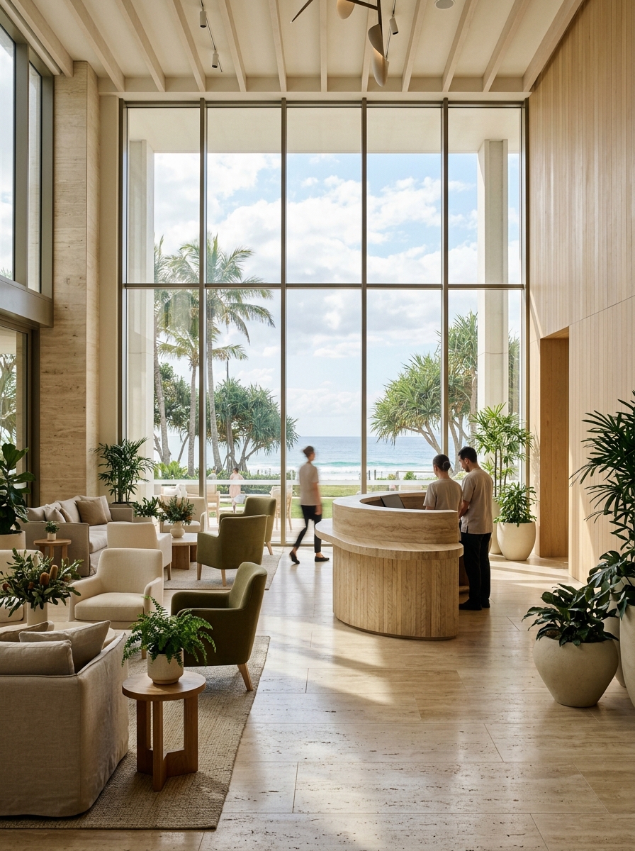 Contemporary Australian hotel lobby with warm natural materials