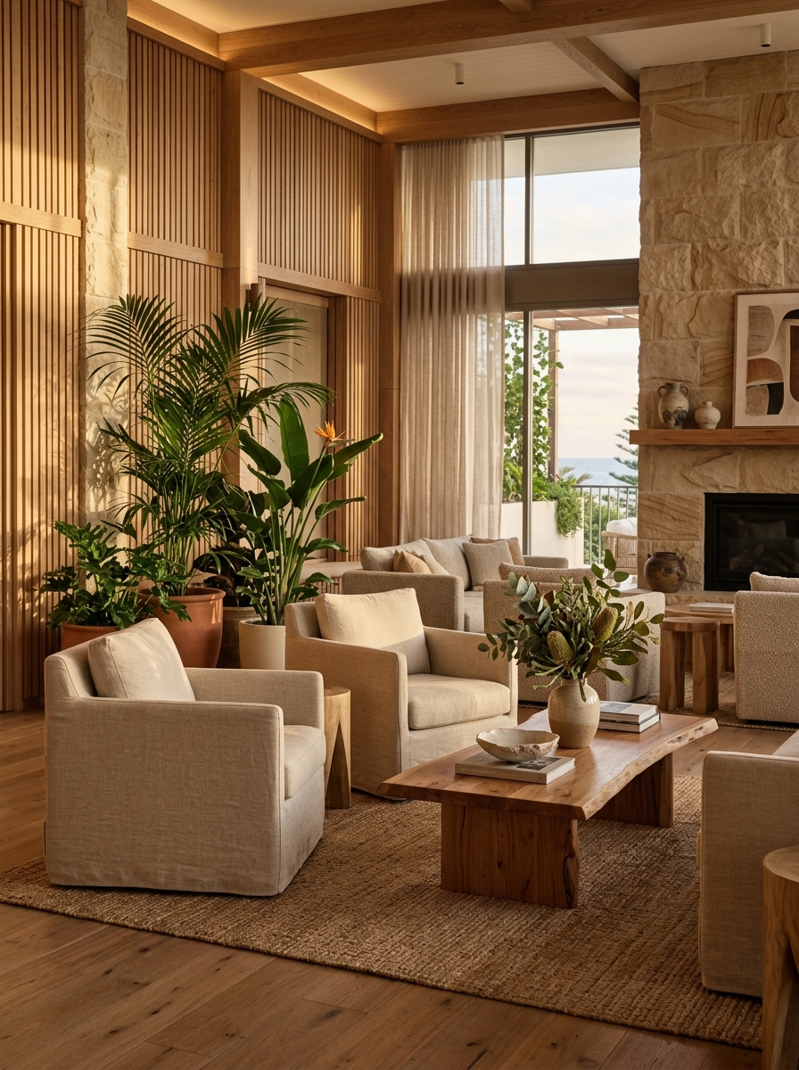 Warm contemporary lounge at an Australian coastal hotel