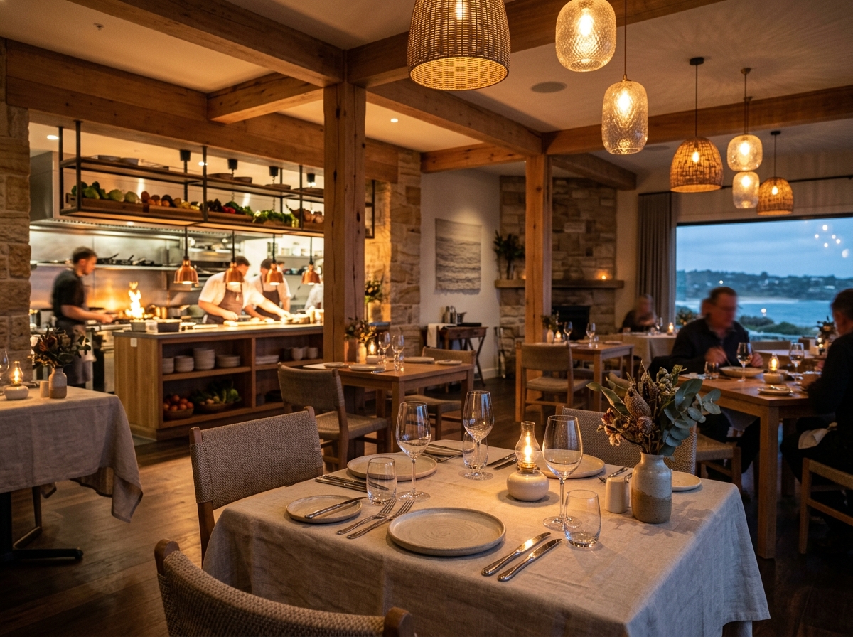 Warm hotel restaurant with refined coastal interior