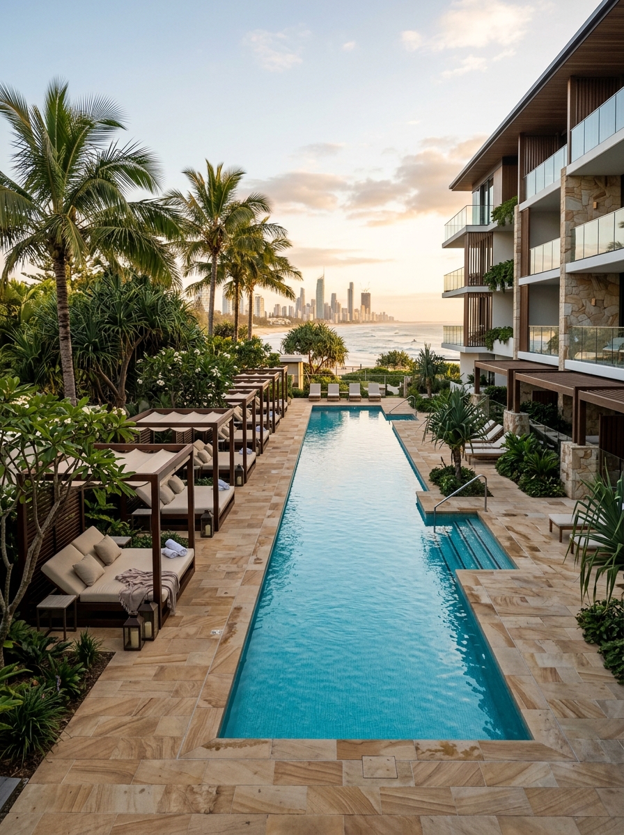 Resort swimming pool with palms and shaded lounge areas