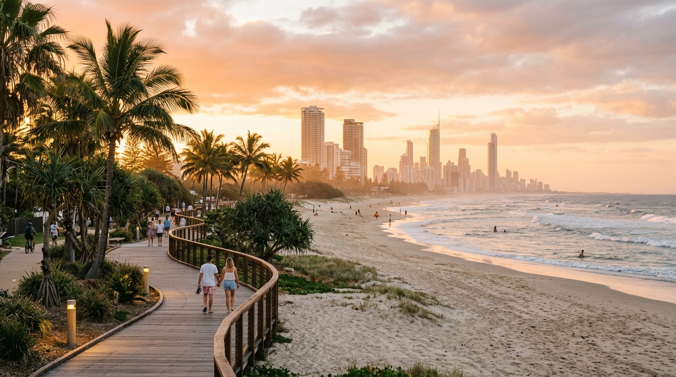 Broadbeach coastline and Gold Coast skyline at golden hour