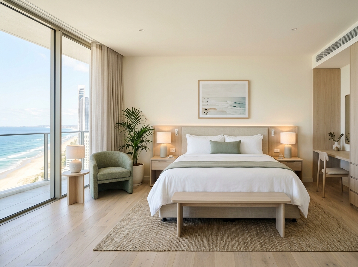 Coastal King Room with king bed and warm coastal interior