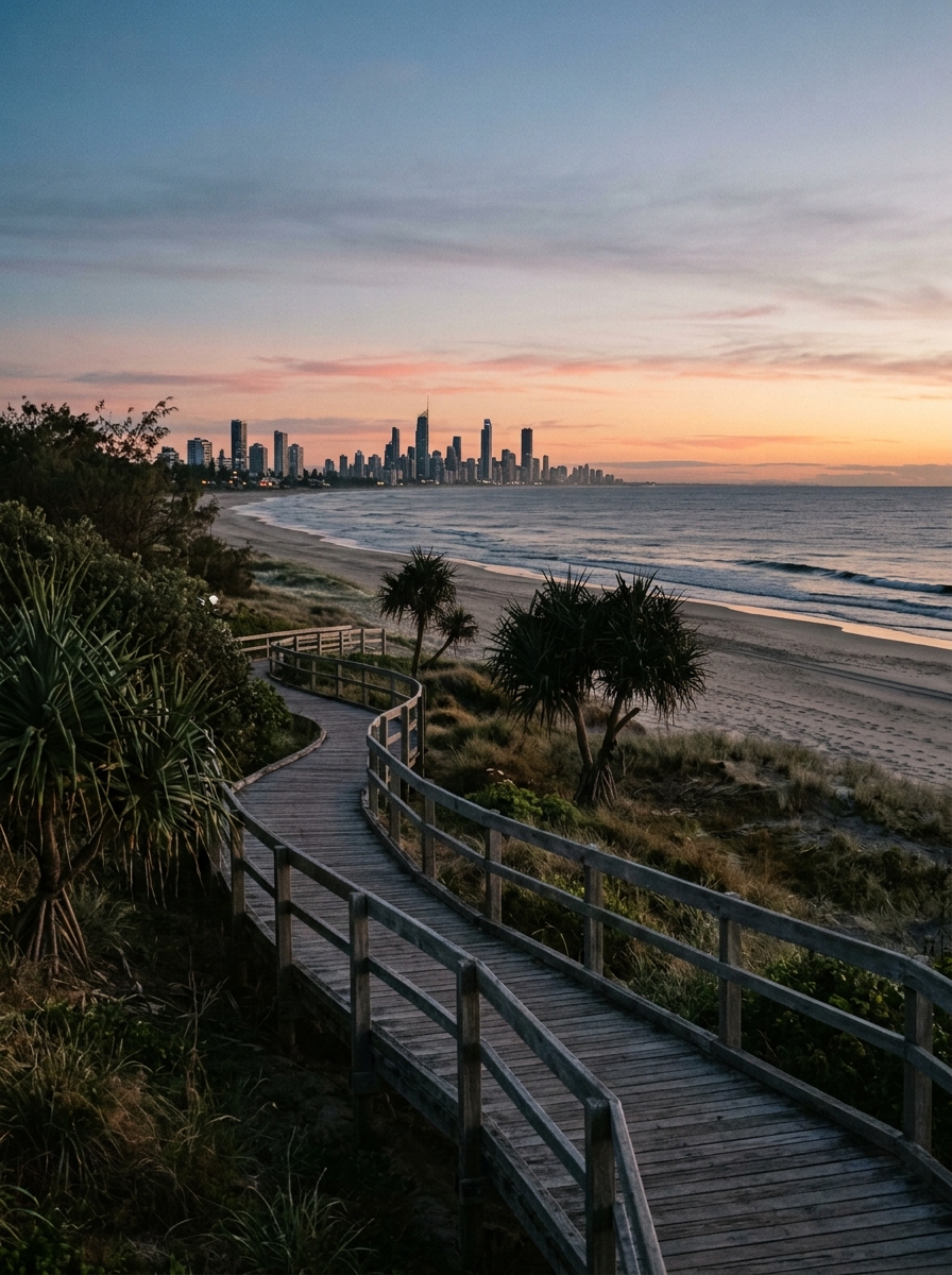 Quiet Gold Coast coastline and boardwalk in early morning light